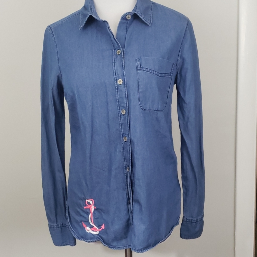 Chambray button up with anchor embroidery